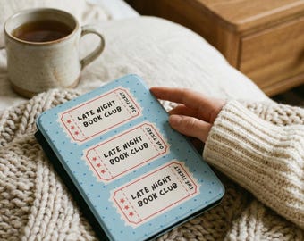 Late Night Book Club Kindle Case | Ticket Design, Blue Polka Dot