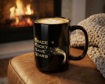 Grace Rocky Save Stars Mug | Gold Star Trail on Black Ceramic
