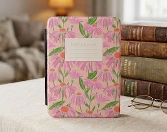 Funda para Kindle con estampado floral de equinácea rosa / Estampado botánico, etiqueta para cuaderno