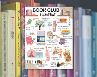 Book Club Bucket List / Illustrated Printable Bookclub Checklist for Book Themed Parties Boho Books