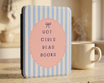 Funda para Kindle con estampado de chicas guapas leyendo libros / Rayas azules, insignia rosa