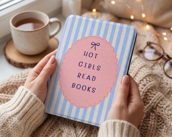 Hot Girls Read Books Kindle Case | Blue Stripes, Pink Badge