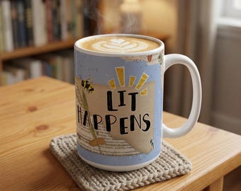 Lit Happens mug | collage floral bees design, blue background