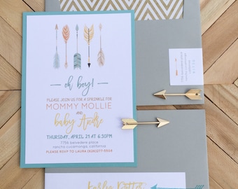Handmade Teal Baby Shower Invitation – Gold Chevron Envelope
