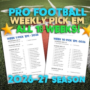 Printable Weekly Football Pick'Em Pool Sheets: 2026-27 Season (PDF Download)