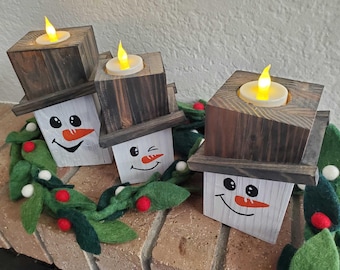 Handmade Wooden Snowman Candle Holders: Rustic Christmas Decor, Set of 3