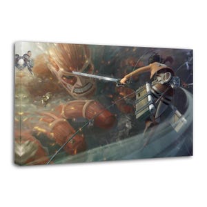 May include: A canvas print featuring a dynamic scene from the anime series Attack on Titan. The artwork depicts a titan with a menacing expression, facing a character wielding a sword. The color palette includes shades of brown, red, and gray.