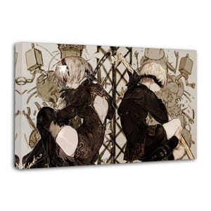Peut inclure: Impression sur toile représentant deux personnages de style anime en tenues noires, assis dos à dos. Ils ont les cheveux blancs et sont placés sur un fond d'éléments mécaniques et une palette de couleurs neutres. L'œuvre est de style illustratif détaillé.