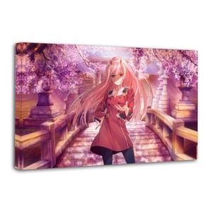 May include: A canvas print featuring an anime-style character with long pink hair and a red outfit, standing on a bridge. The background includes cherry blossom trees and a traditional Japanese structure, with a soft, glowing light.