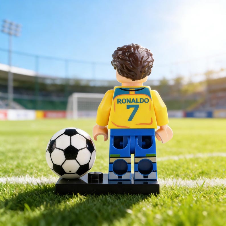 May include: A Lego figurine of a soccer player in a yellow jersey with the name "RONALDO" and the number "7" on the back. The figurine stands on a black base next to a black and white soccer ball on a green field.