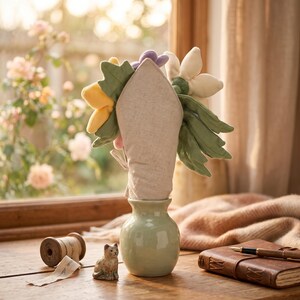 以下が含まれることがあります： 黄、白、紫色の布の花束が入った薄緑色のセラミック花瓶。 花瓶は、小さな猫の置物、糸巻き、革張りのノートとともに、木製の表面に置かれています。