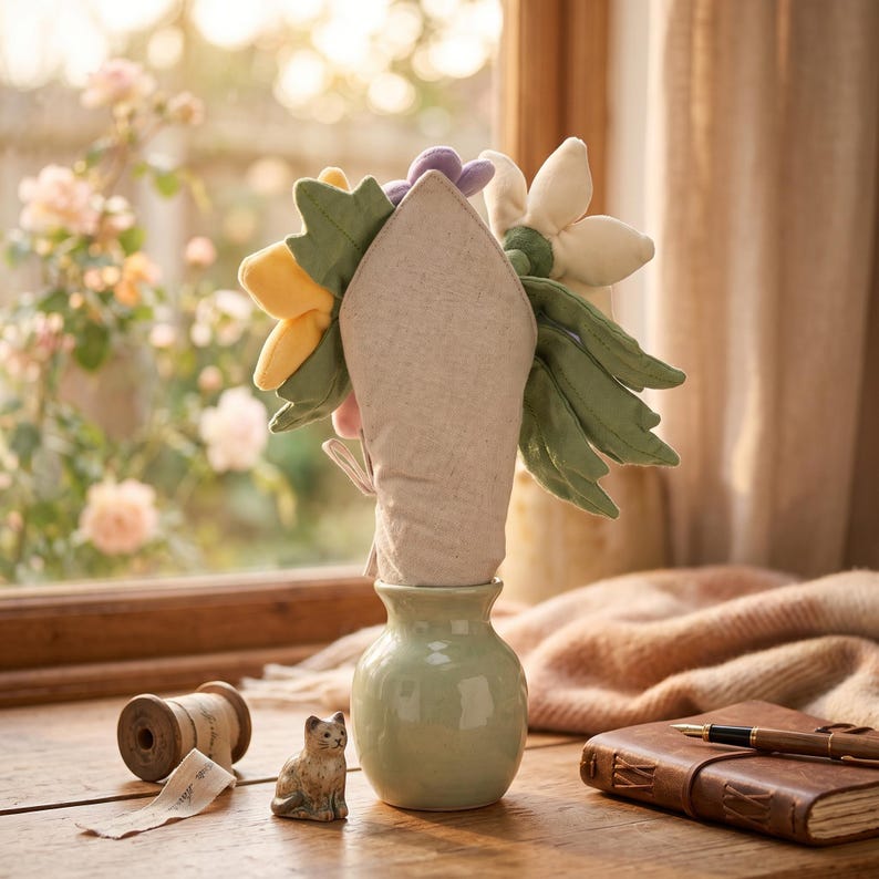 以下が含まれることがあります： 黄、白、紫色の布の花束が入った薄緑色のセラミック花瓶。 花瓶は、小さな猫の置物、糸巻き、革張りのノートとともに、木製の表面に置かれています。