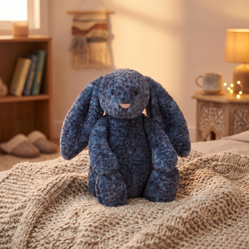 May include: A blue plush bunny toy with long ears and a pink nose sits on a beige knitted blanket. The soft toy has a textured appearance and is in a cosy bedroom setting.