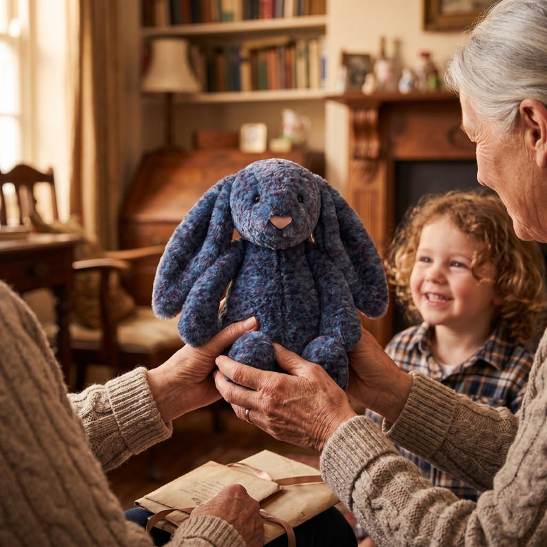 May include: A soft, blue plush bunny toy with long ears and a pink nose. The bunny is held by two people. A child smiles in the background. The toy is made of a textured material. A children's toy.