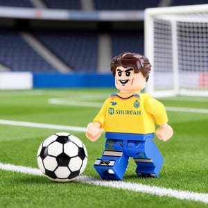 May include: A Lego figure of a soccer player in a yellow jersey with blue pants stands on a green field next to a black and white soccer ball. The jersey has the word "SHURFAH" printed on it.