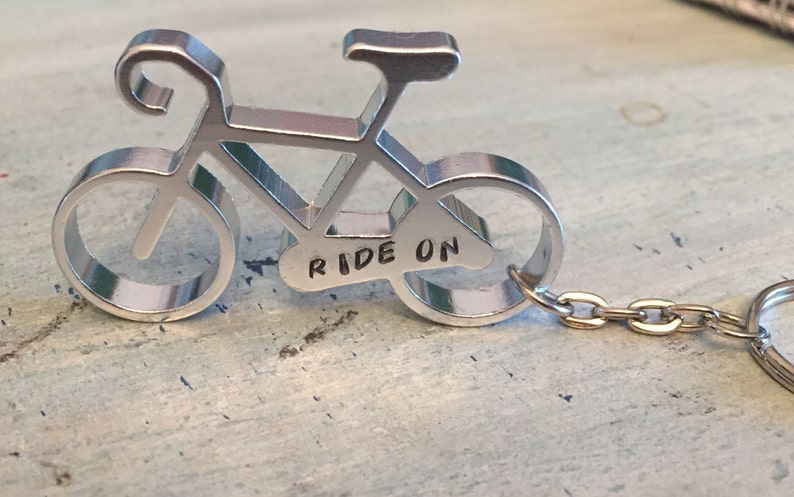 Personalized Bike Keychain. Bicycle keychain. Gift for cyclist. Bottle opener. Stamped keychain. Biker Gift. Gift for her. Gift for him image 1