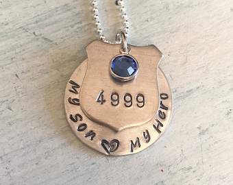 Police wife necklace. Thin blue Line Necklace. My hero Necklace. Mother's day gift. Police Badge. Police Officer. Badge number