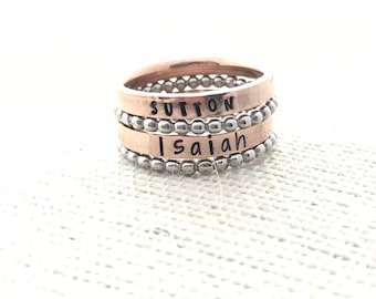 SALE! Stacking name ring. Beaded ring. Dainty name ring. Name ring stackable. Stacking Ring. Engraved Ring. Mother's Day Gift.Valentine gift