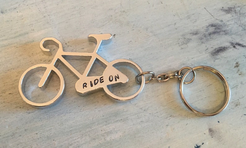 Personalized Bike Keychain. Bicycle keychain. Gift for cyclist. Bottle opener. Stamped keychain. Biker Gift. Gift for her. Gift for him image 2