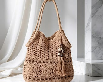 Gehäkelte Tasche für Frauen Weiß durchbrochene stricken Handtasche Perle Fransen verstellbare lange Riemen