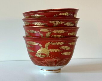 Vintage Kutani Ware Red & Gold Crane Porcelain Sake Cups / Tea Bowls, Set of 4