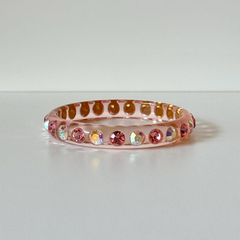 Vintage Pink Lucite Bangle Bracelet with Pink and Aurora Borealis Rhinestones image 1