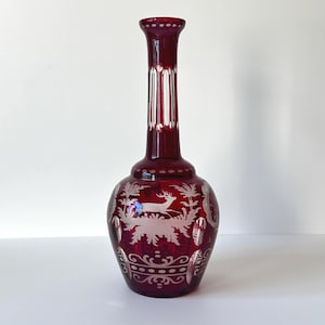 Antique Bohemian Egermann Cut to Clear Ruby Red Glass Vase - Stag & Castle Hunt Scene - Czech Etched Crystal