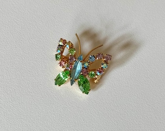 Spilla/fermaglio vintage a forma di farfalla con strass - Rosa, verde e blu su montatura color oro