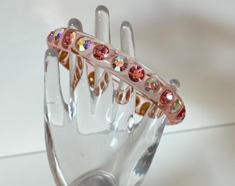 Vintage Pink Lucite Bangle Bracelet with Pink and Aurora Borealis Rhinestones