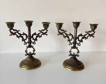 Vintage Interpur Italy 5" Brass Candelabras - Ornate 3 Arm Candle Holders - Set of 2