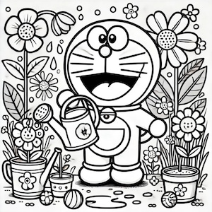 Könnte beinhalten: Schwarz-Weiß-Illustration eines Zeichentrickcharakters, der Blumen in einem Garten gießt. Die Figur hält eine Gießkanne und ist von Topfblumen und Pflanzen umgeben. Das Bild ist eine Malvorlage.