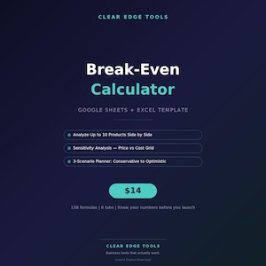 May include: A digital product advertisement for a break-even calculator. The teal and white text on a dark blue background highlights features like side-by-side product analysis and sensitivity analysis. The price is $14.