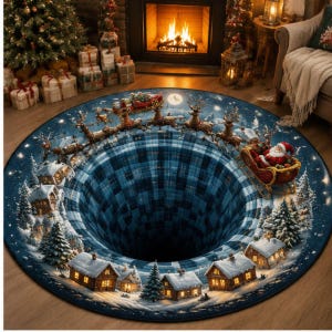May include: A round area rug featuring a 3D optical illusion of a deep blue plaid hole in the center. The border depicts a snowy winter village with illuminated houses, pine trees, and Santa Claus in a sleigh pulled by reindeer flying above.