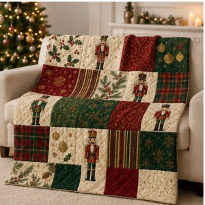 May include: A quilted throw blanket featuring a patchwork design with alternating squares of nutcracker figures, red and green plaid, holly leaves, pine branches, gold ornaments, and snowflakes in a festive color palette of cream, red, and dark green.