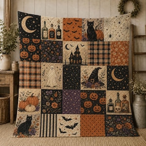 May include: A Halloween-themed patchwork quilt featuring various squares with printed illustrations of black cats, pumpkins, ghosts, a haunted house, bats, spiders, moons, potion bottles, a witch hat, and floral patterns in orange, black, and cream.