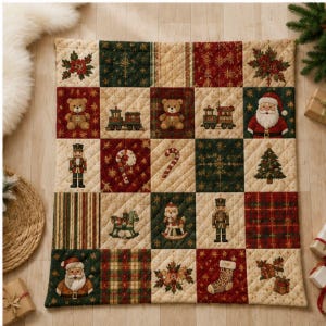 May include: A quilted Christmas throw blanket featuring a grid of squares with festive motifs including teddy bears, toy trains, Santa Claus, nutcrackers, candy canes, rocking horses, Christmas trees, stockings, and wrapped gifts in red, green, and cream.