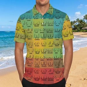 May include: A short-sleeved polo shirt with a colorful gradient background. The shirt is covered in a repeating pattern of illustrated breasts, each labeled with a different food item. The shirt's design includes text such as "Sky Jumps" and "Papayas."