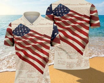Patriotic American Flag Declaration Polo Shirt, Men's Funny Shirts, Fun Golf Shirts For Men, Summer Button Up, Beach Party Outfit