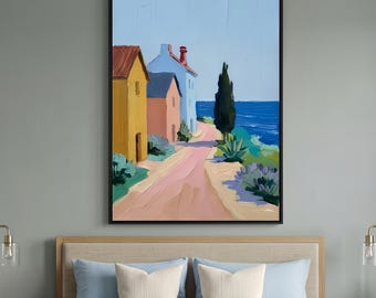 Coastal Landscape Impasto Expressionist Oil Painting, Original Village Wall Art, Textured Colorful Flower Canvas, Large Abstract Room Decor
