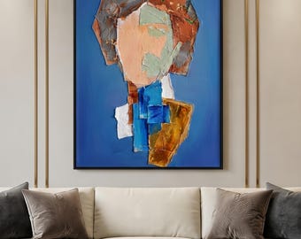 Ritratto originale dipinto ad olio con texture, grande opera d'arte astratta da parete con volto, decorazione moderna minimalista geometrica per la stanza, arte su tela blu in stile metà secolo