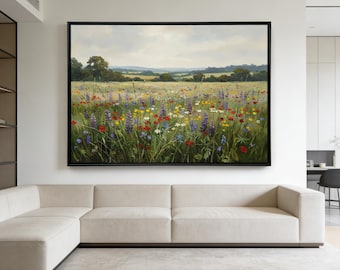 Original Wildflower Meadow Oil Painting, Hand-painted Impressionistic landscape painting, flower field Decor, Hallway Wall Art, Fine Gift