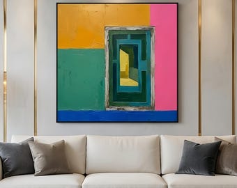 Large Abstract Geometric Oil Painting, Abstract Window Oil Painting, Original Colorful Architectural Wall Art, Modern Pink Textured Art