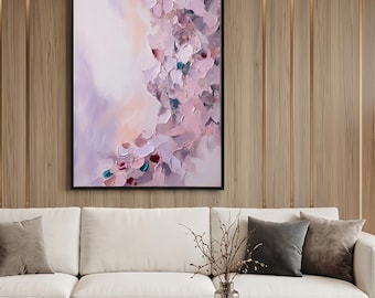 Large Abstract Color Block Canvas Wall Art, Original Purple Textured Oil Painting, Pastel Pink Impasto Flower Art, Modern Living Room Decor