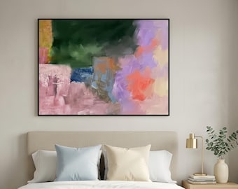 Colorful Block Canvas, Original Green Purple Pink Wall Art, Large Abstract Landscape Oil Painting, Textured Impressionist Wall Decor