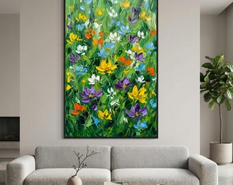 Minimalistische groene weide kunst aan de muur, kleurrijke bloemen origineel olieverfschilderij, levendige bloemen veld schilderij, getextureerde Abstact Home Decor
