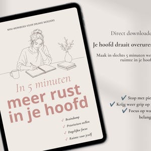 May include: A digital tablet displaying a mini-workbook for busy mothers. The screen features a line drawing of a person writing, with the Dutch text: Mini-werkboek voor drukke moeders, In 5 minuten meer rust in je hoofd, Braindump, Prioriteiten stellen, Dagelijkse focus, Ruimte voor jezelf.