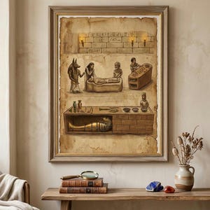 Handritad konsttryck av forntida Egypten, mumifieringsprocess, illustration - Anubis ritual, väggkonst - digital nedladdning