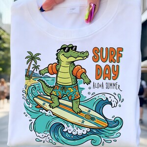 Funny Surfing Alligator Clipart, Retro Aloha Summer Beach PNG (Digital Download)