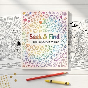 May include: A Seek & Find activity book with a rainbow-colored cover featuring various icons, flanked by two black and white coloring pages showing dinosaur and Halloween scenes. A red pencil and a yellow crayon lie below the book.