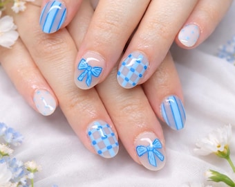 Blue Bow Press On Nails, Checkered and Stripe Nails, Cute Kawaii Nail Design, Short Glossy Fake Nails, Soft Girl Aesthetic Nails